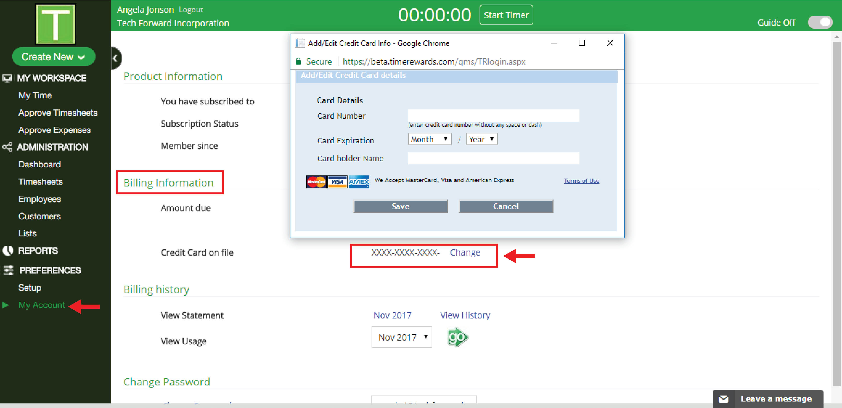 How can I update my credit card information? TimeRewards